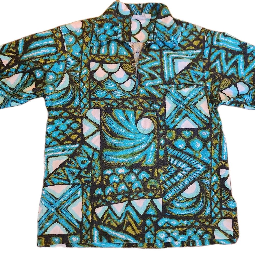 VTG 60s Barkcloth Pa'ani Hawaiian Aloha Shirt Atomic Loop Collar Tiki Tapa Men's